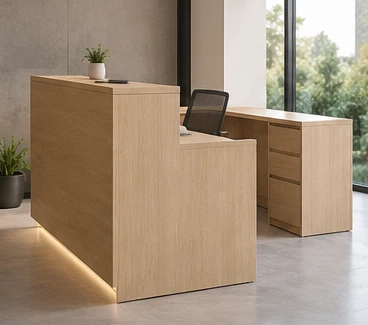 Recepción de madera vista en esquina